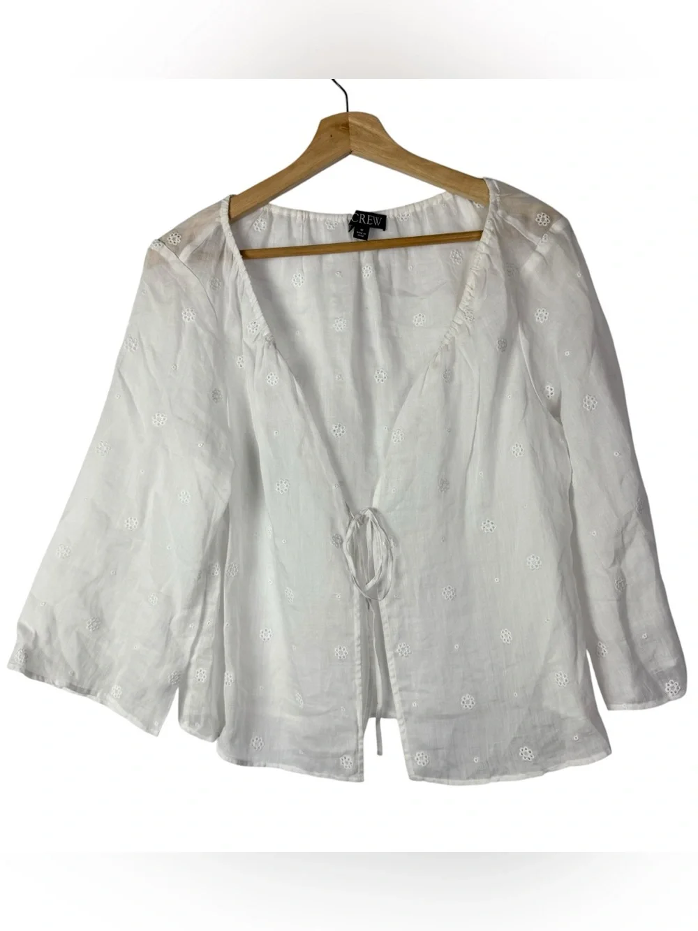 J. Crew White Eyelet Tie Front Slip Long Sleeve Top M